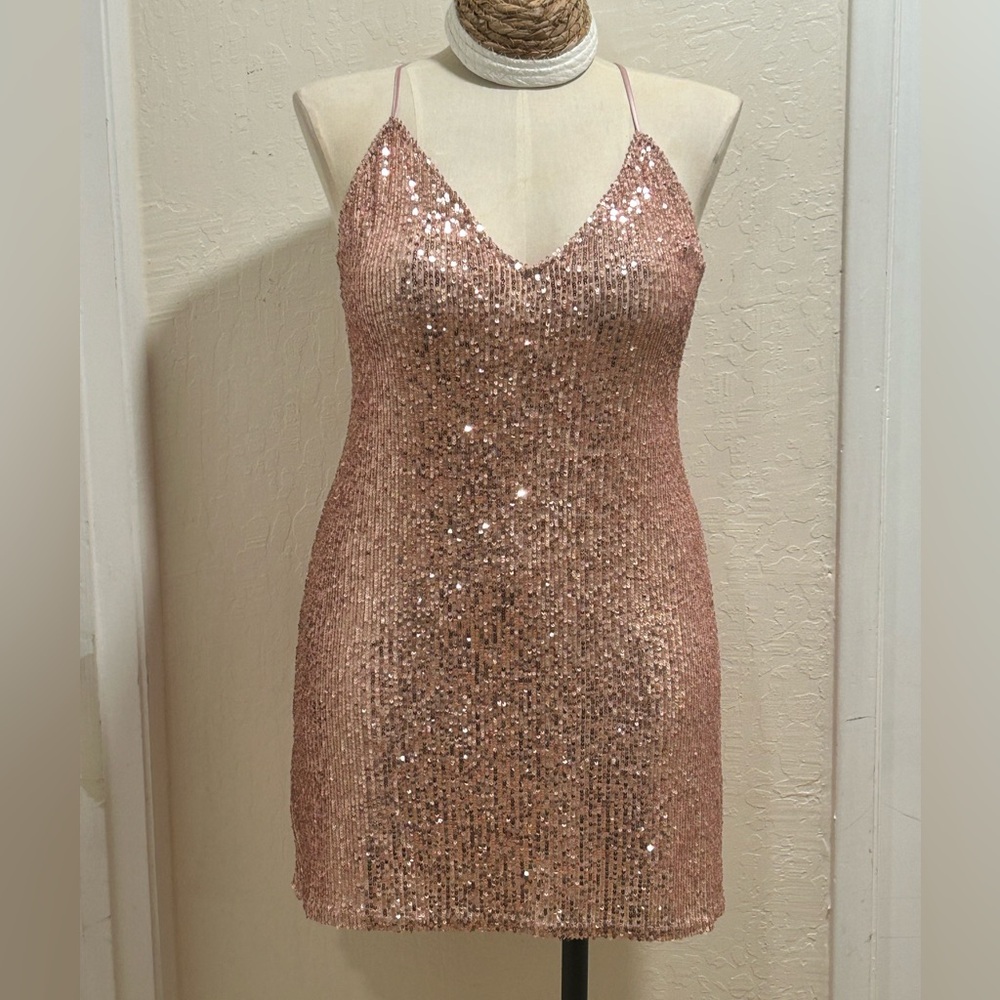 Victoria's Secret Rose Gold Pink Sequin Strapless Slip Dress